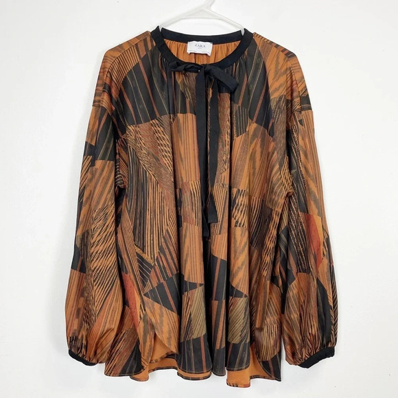 Zara Tops - Zara Basic Blouse Womens Size Small Oversized Black Brown Pattern Neck Tie Bow